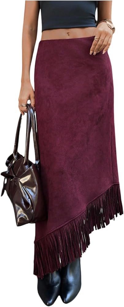 SweatyRocks Women's Tassel Asymmetrical Hem Long Skirt Boho Western Low Rise Maxi Skirts | Amazon (US)
