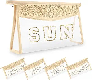 Small Boho Straw Clear Sun Makeup Bags for Women&Girls, Zipper Cosmetic Bag Chenille Varsity Lett... | Amazon (US)