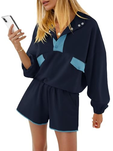 Fisoew Womens 2 Piece Sets Sweatsuits Casual Half Button Color Block Sweatshirts Running Shorts Tracksuits Fall Outfits | Amazon (US)