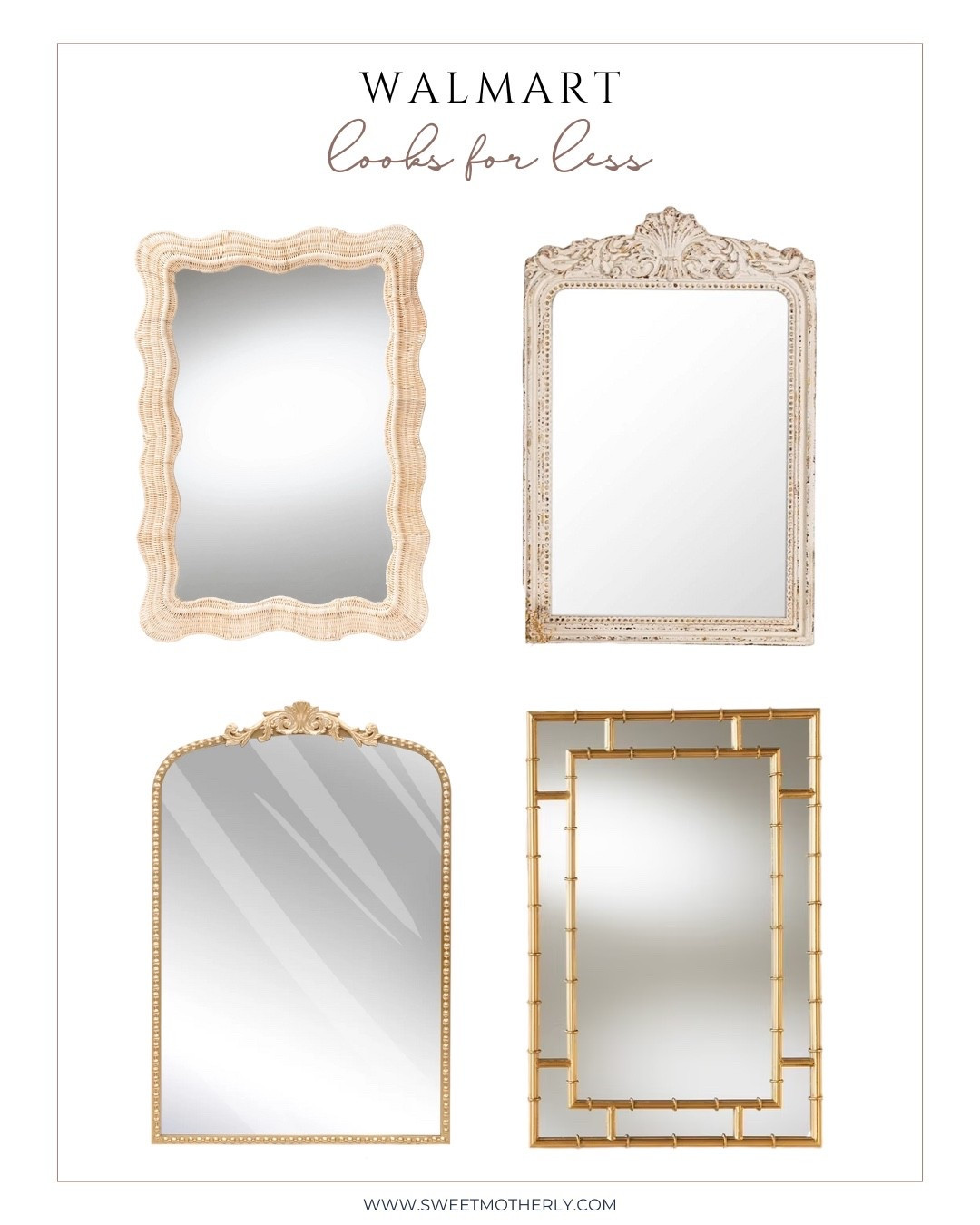 Walmart mirrors that give you the designer look on a budget. Choose from ornate gold frames, vintage-inspired carvings, or rattan details to brighten your entryway or bedroom. These statement mirrors make wall decor affordable and timeless.

#LTKHome