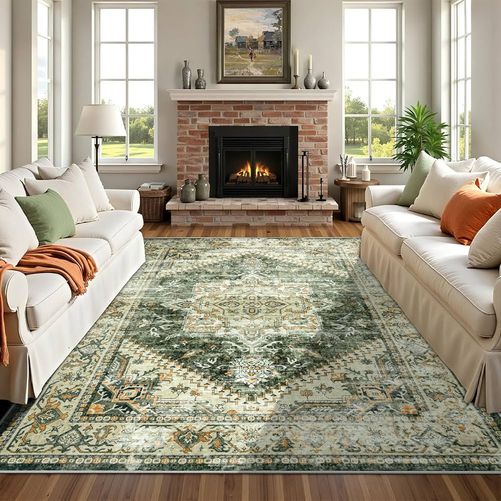 Area Rugs 9x12 Living Room: Large Soft Washable Area Rug Anti-Skid Indoor Floor Thin Carpet Vinta... | Amazon (US)
