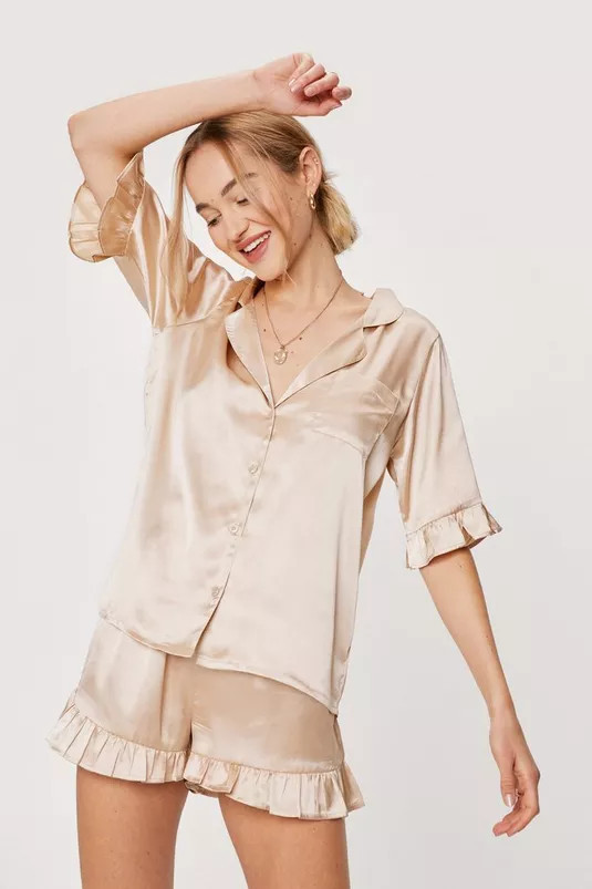 Satin Ruffle Pajama Shirt and Shorts Set | Nasty Gal (US)