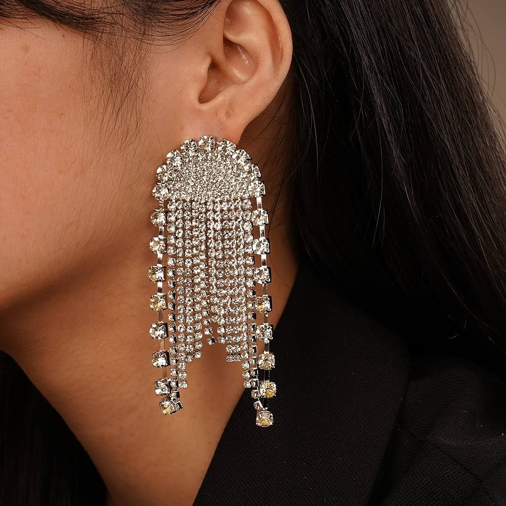 Chargances Long Tassel Rhinestones Dangle Earrings Fashion Glitter Simulated Diamond Earrings Cha... | Amazon (US)