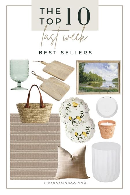 Last week best selling items. Home decor. Outdoor drinkware. Acrylic glassware. Wood cutting boards. Kitchen decor. Lake landscape painting. Woven straw handbag. Outdoor neutral rug. Patio decor. Melamine dinnerware. Melamine dinner plates. Lemon plates. Summer Outdoor dining. Citronella candle. Pura air freshener. Neutral pillow. Checkered windowpane pillow. Outdoor white accent side table. Garden stool. Concrete accent table. 

#LTKSeasonal #LTKHome #LTKStyleTip