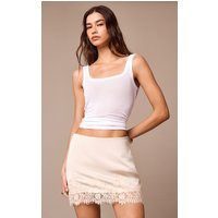 Cream Satin Lace Trim Mini Skirt, Cream | PrettyLittleThing IE