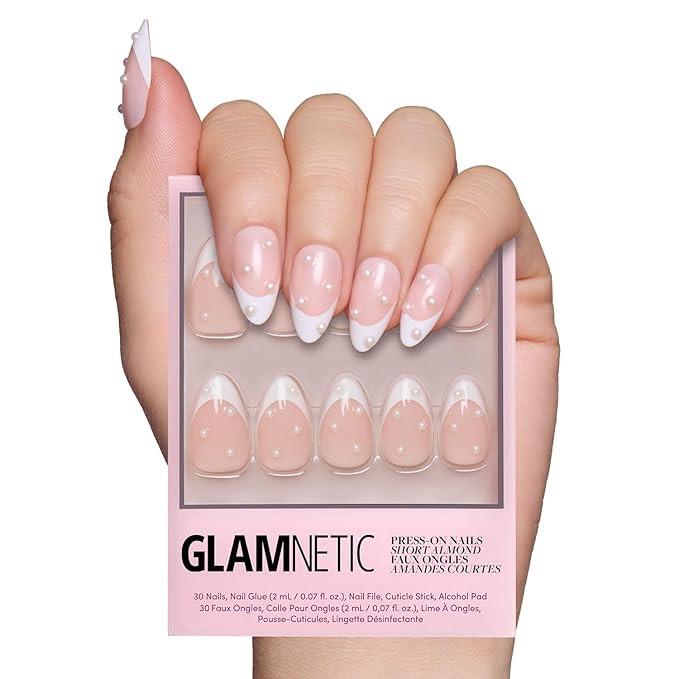 Glamnetic Press On Nails - French Pearl | Glossy, Short Almond French Tip Nails with 3D Accents, ... | Amazon (US)