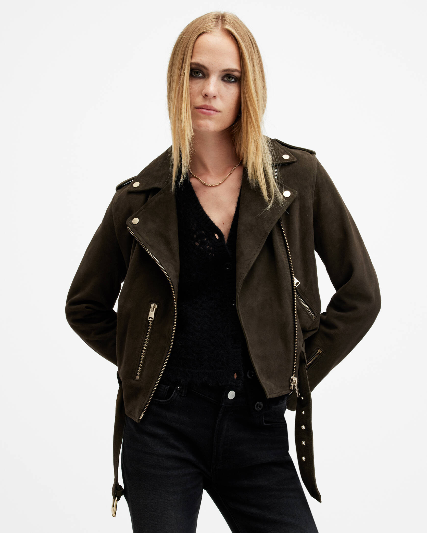 Balfern Belted Suede Biker Jacket TARMAC GREEN | ALLSAINTS | AllSaints UK