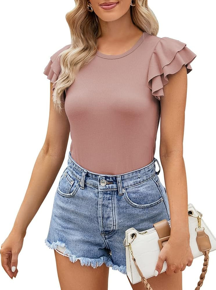 BINOVISOR Womens Ruffle Short Sleeve Bodysuits Slim Fit Crew Neck Ribbed Leotard Shirts Tops | Amazon (US)