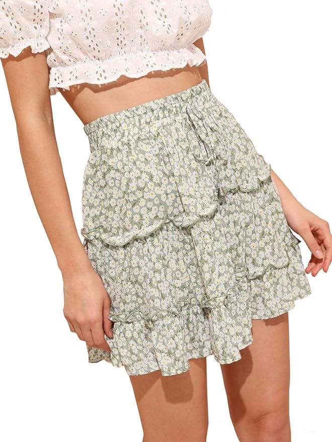 SheIn Women's Summer Boho Floral Print Striped A Line Waist Elastic Short Skirt | Amazon (US)