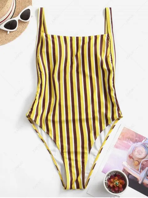 ZAFUL Striped High Cut Drop Armhole One-piece Swimsuit - Yellow L | ZAFUL (Global)