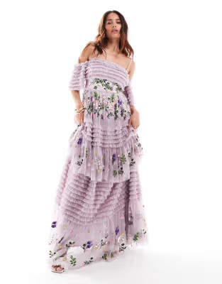 Maya micro ruffle embroidered bardot maxi dress in lilac | ASOS (Global)