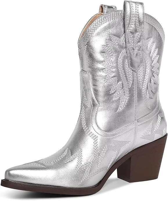 Western Boots for Women Metallic Embroidered Pointed Toe Cowgirl Boots Chunky Heel Pull-On Short ... | Amazon (US)