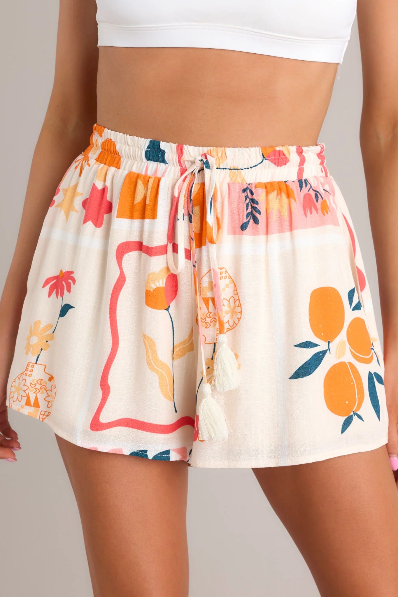 Sunburst Citrus Apricot Multi Print Drawstring Shorts | Red Dress