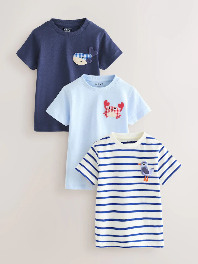 Navy Sea Animal Short Sleeve Appliqué T-Shirts 3 Pack (3mths-7yrs) | Next US