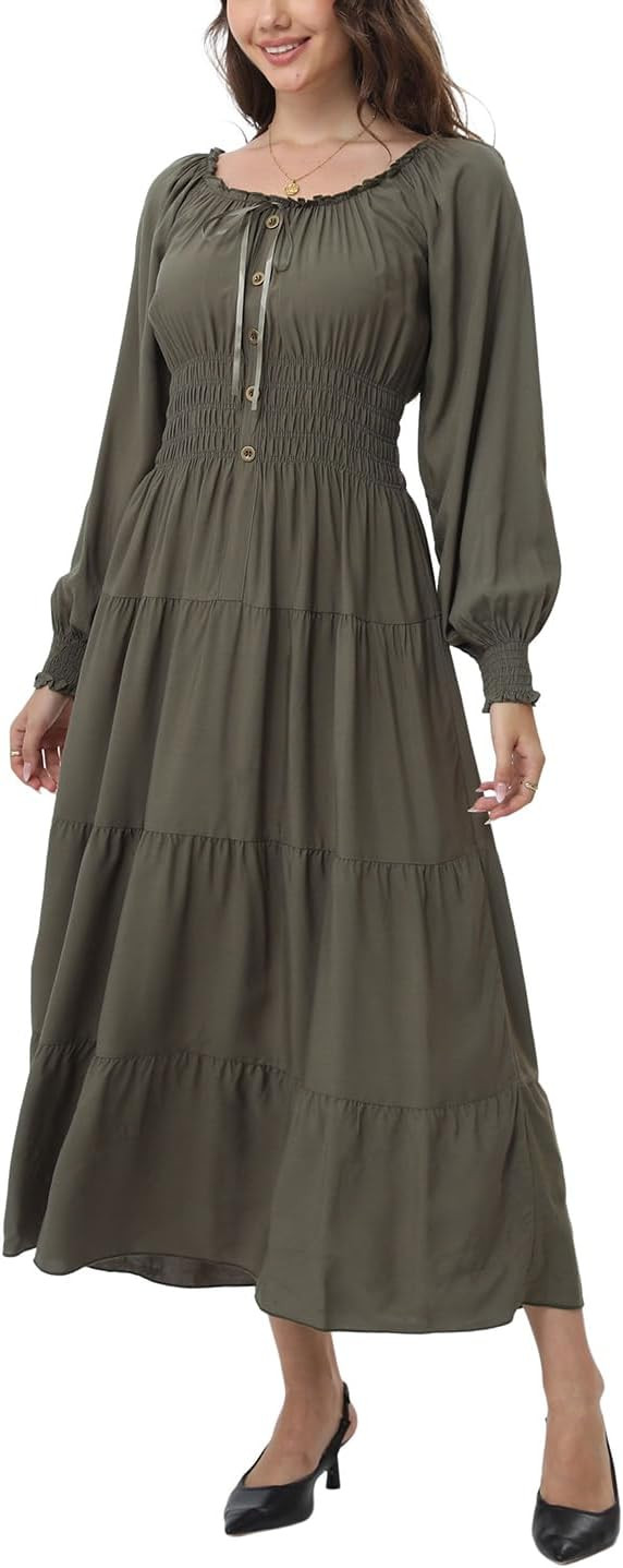 Women's 2024 Fall Casual Long Sleeve Square Neck Elastic High Waist Flowy Tiered Aline Maxi Dress | Amazon (US)