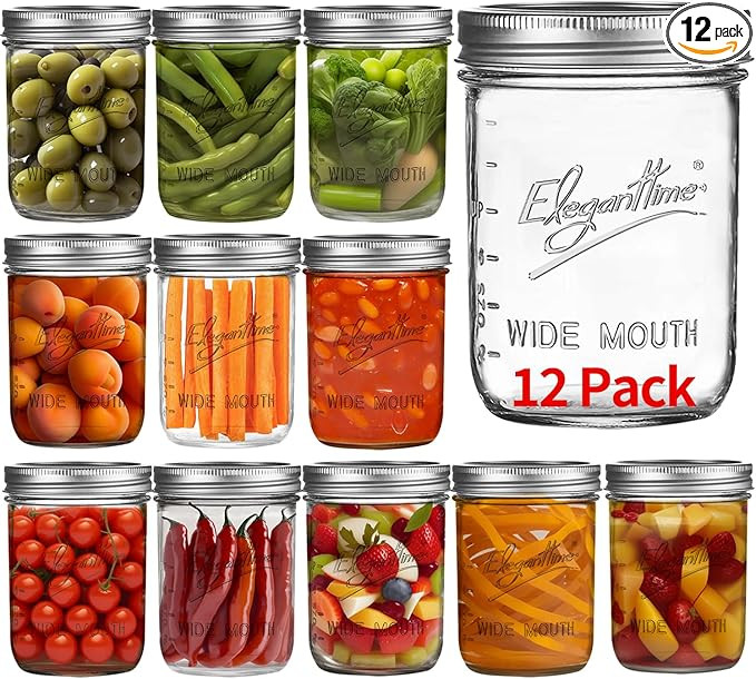 eleganttime Wide Mouth Mason Jars 16 oz,12 Pack Canning Jars with Lids,Airtight Container Glass J... | Amazon (US)