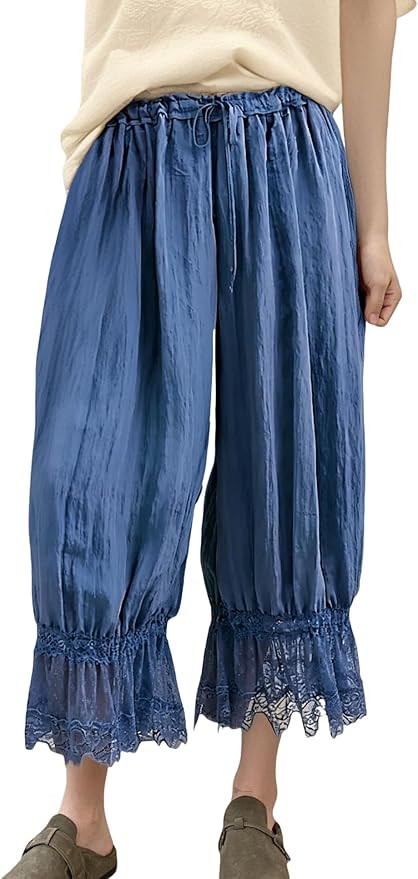 UAURORAO Women Lace Trim Long Bloomers Elastic Mid Rise Ruffle Pantaloons Cropped Flared Slips Pa... | Amazon (US)