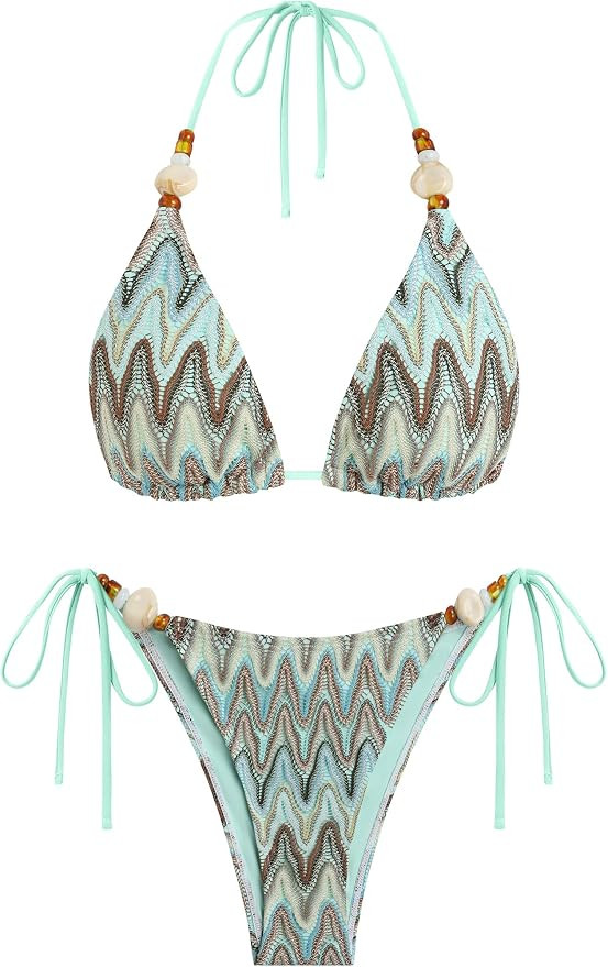 ZAFUL Women's Bikini Sets Beads Triangle Swimsuits 2 Piece String High Cut Cheeky Bathing Suits | Amazon (US)