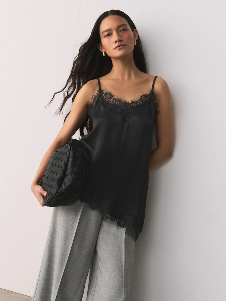 Black Asymetric Satin Lace Trim Cami Top | Next EU