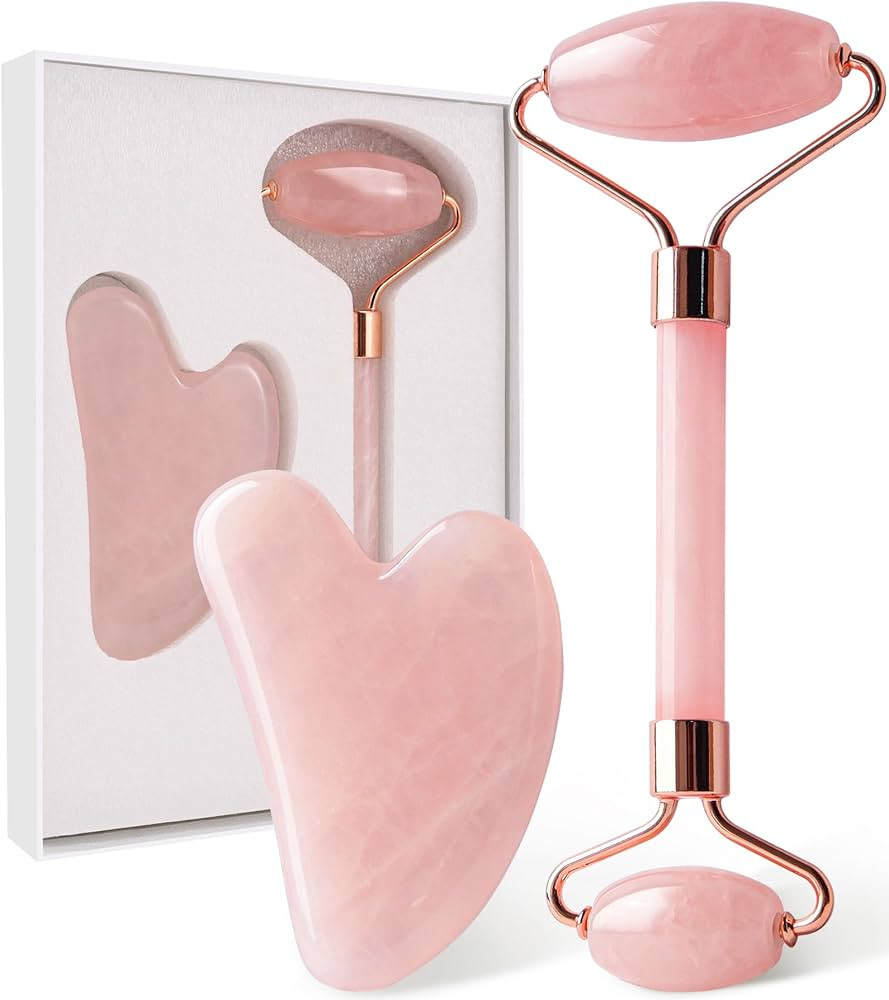 huefull Face Massager Rose Quartz Face Roller & Gua Sha Facial Tool Set, Muscle Tension Relief, S... | Amazon (US)