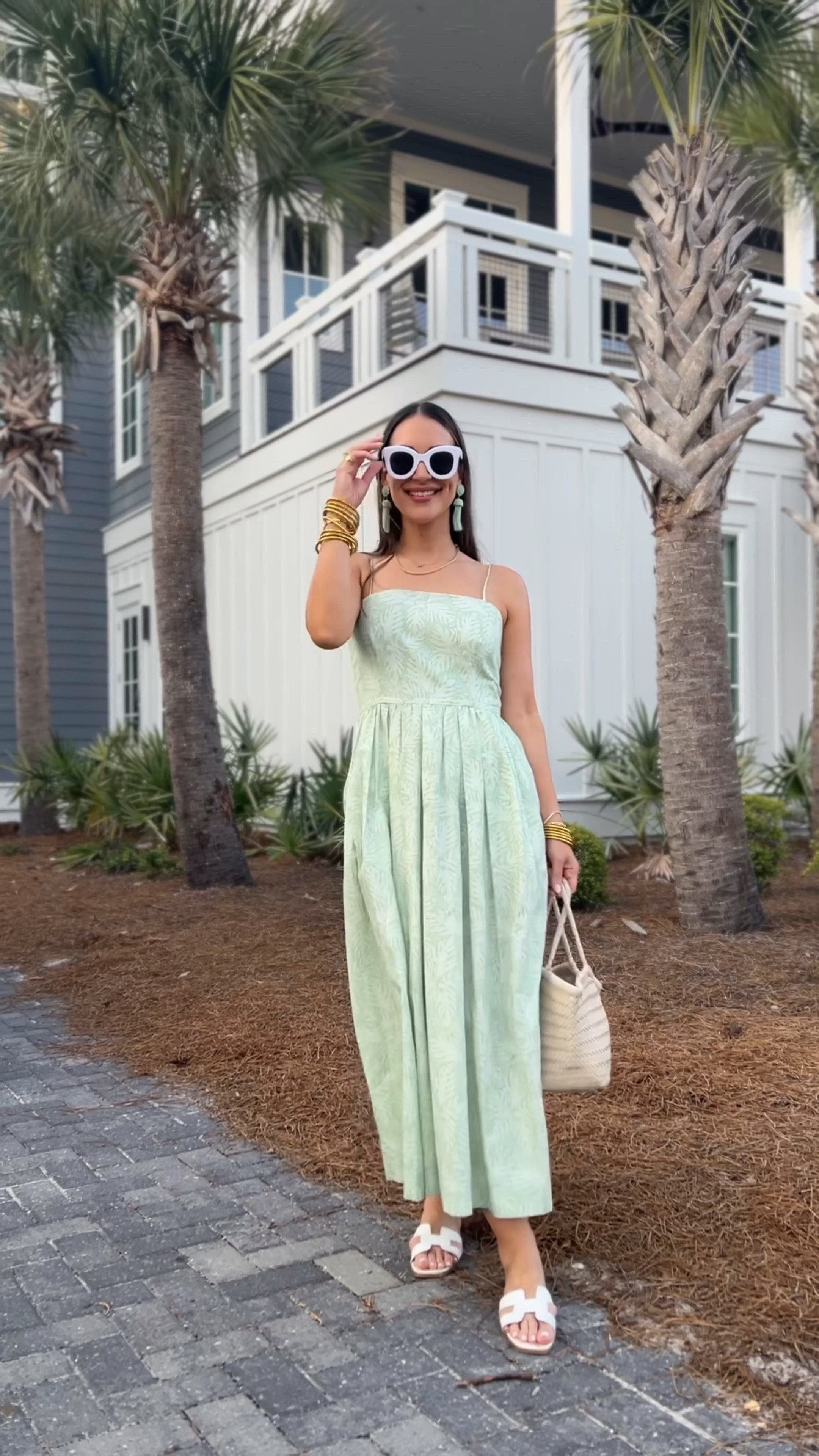 Coco shop green dress (old), white sandals and sunglasses, white woven leather tote bag - added a white cardigan sweater later!

#beach #beachoutfit #summerdress

#LTKtravel #LTKswim