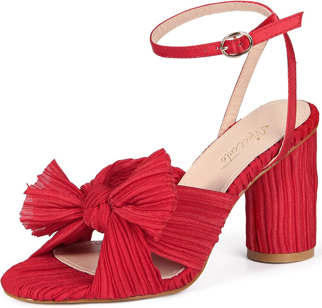 MUCCCUTE Women's Bow Knot Heeled Sandals Ankle Buckle Strap Chunky Heeled Open-toe Comfortable We... | Amazon (US)