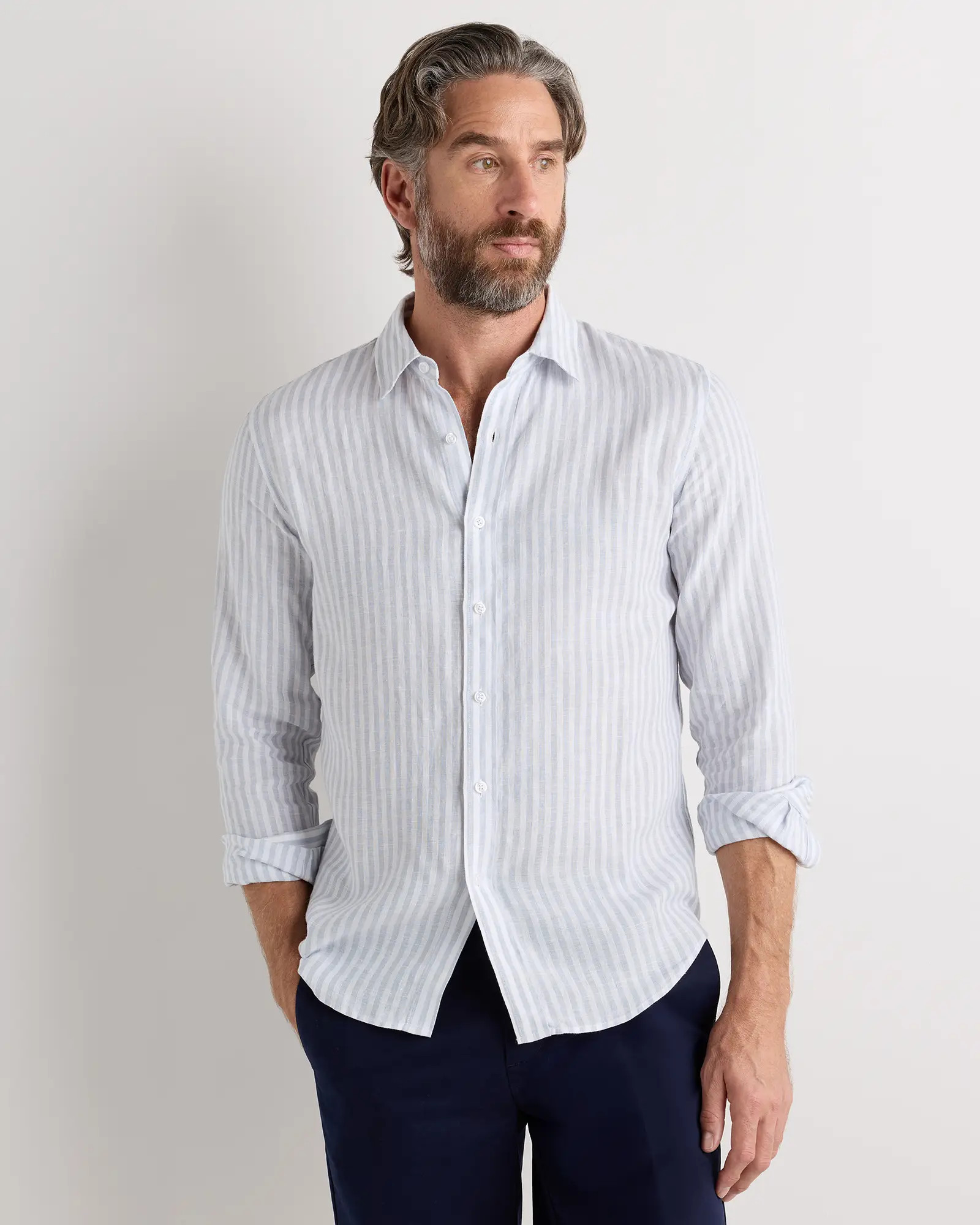 100% European Linen Long Sleeve Shirt in Sky Blue Mariner Stripe | Quince
