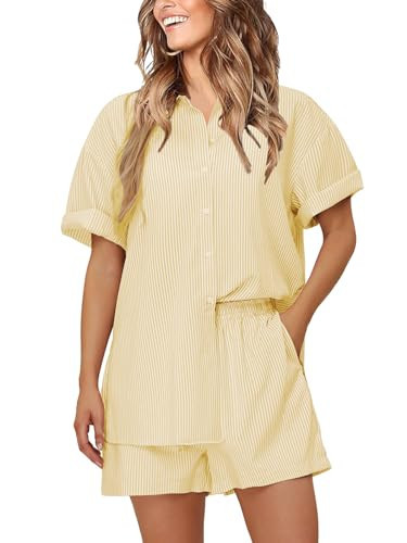 EXLURA Womens Summer 2 Piece Outfits Oversized Short Sleeve Button Down Shirts and Shorts Lounge Pajama Matching Sets 2024 Yellow | Amazon (US)