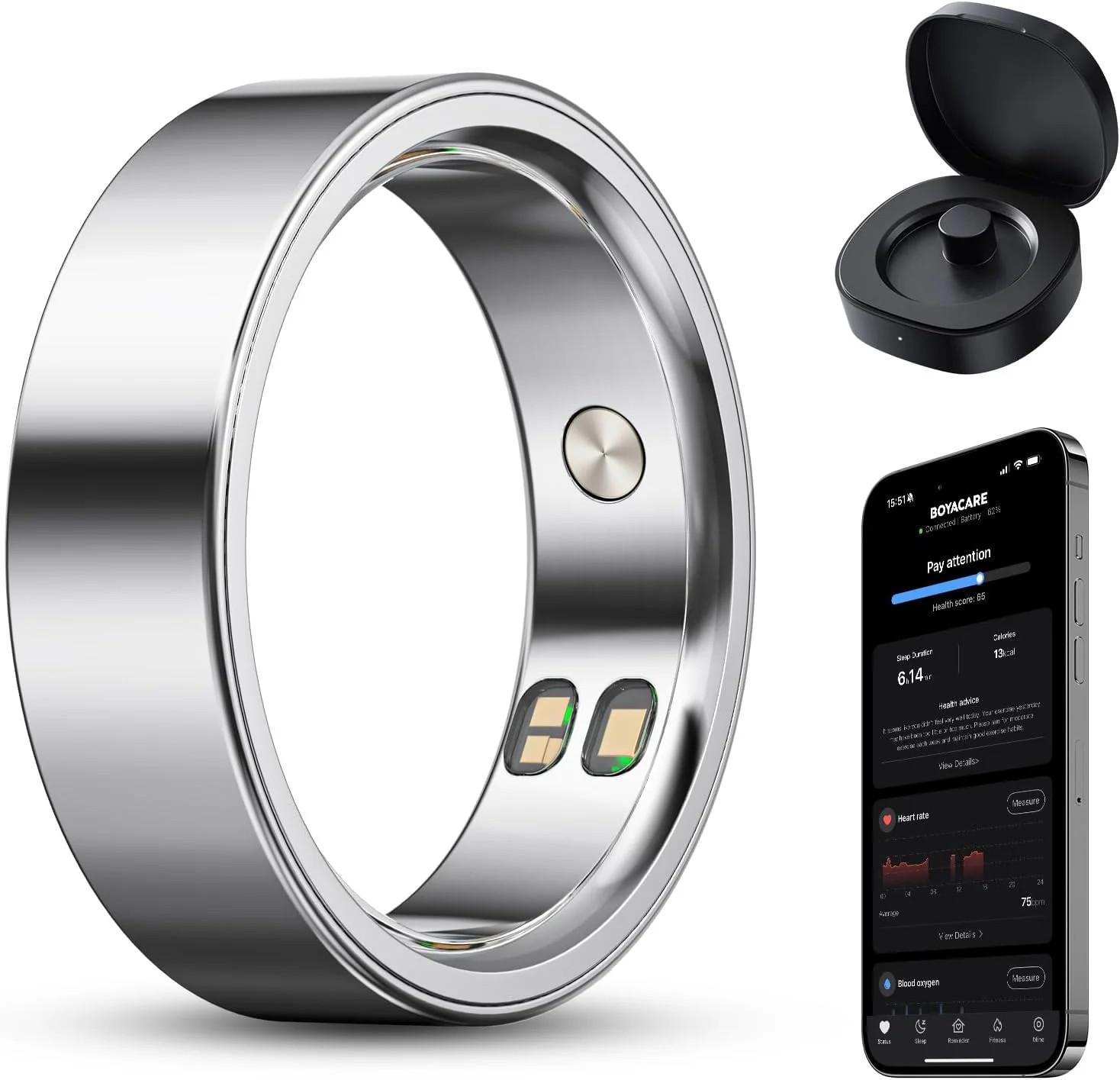 Silver Smart Ring Fitness Tracker with Heart Rate, Blood Oxygen, Sleep Monitor, Call & Alarm Vibration, 5ATM Waterproof, Size 8 | Shop Simon