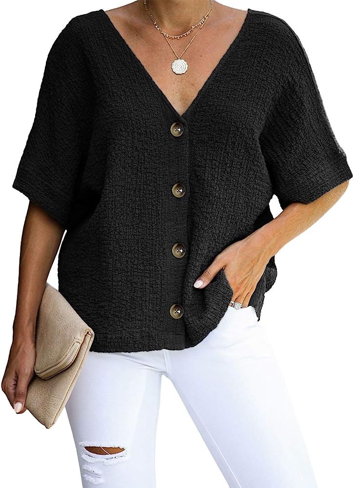 Women's Button Down Short Sleeve V Neck Back Shirts Casual Loose Blouse Tops | Amazon (US)