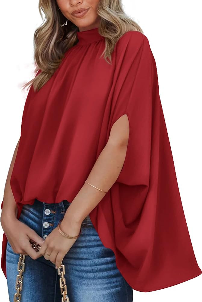 BTFBM Women Mock Neck Batwing Short Sleeve Summer Tops 2023 Spring Loose High Low Hem Casual Over... | Amazon (US)