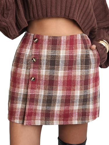 EXLURA Womens Faux Wool Plaid Mini Skirt Elastic High Waisted Tweed Skirts Button Bodycon Skirt Fall Winter Outfit Pocket | Amazon (US)