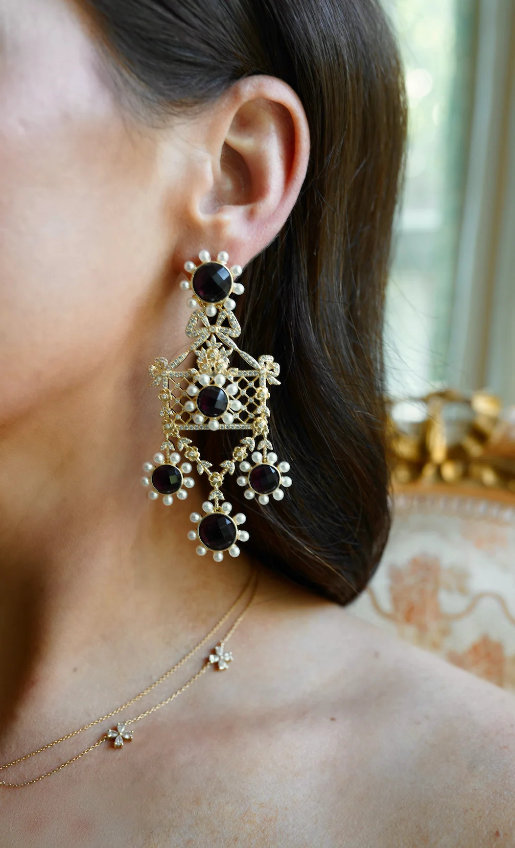Bordeaux Flower & Pearl Chandelier | Nicola Bathie Jewelry
