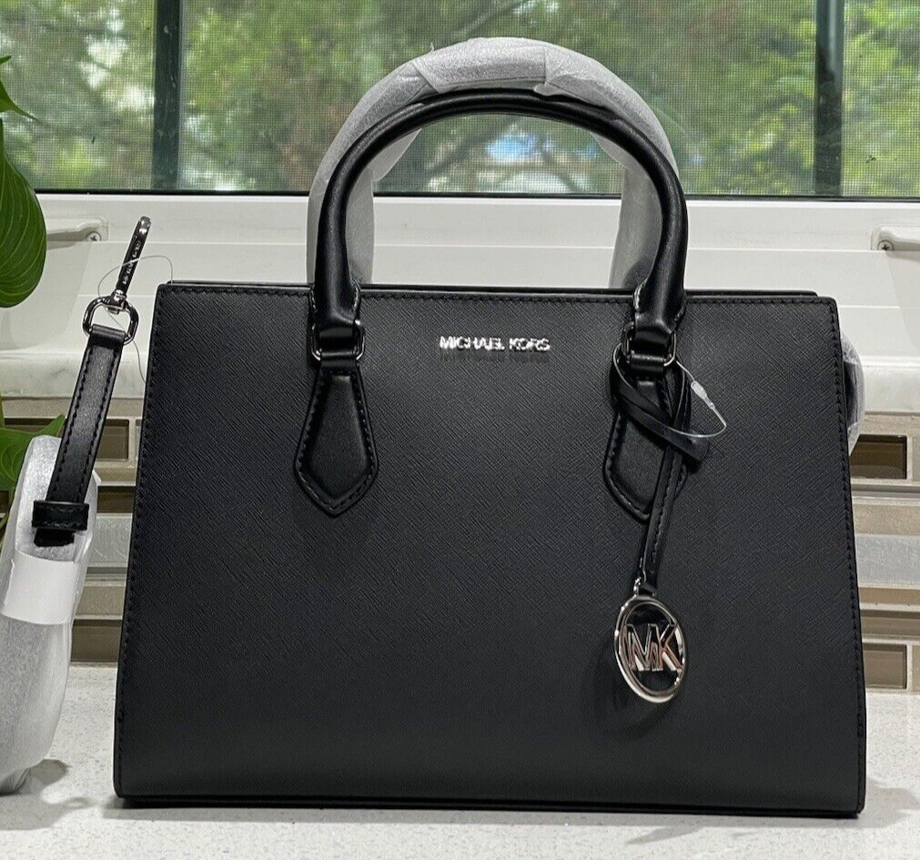 MICHAEL KORS SHEILA MEDIUM SATCHEL SHOULDER BAG PURSE TOTE LOGO MK BLACK SILVER | eBay US
