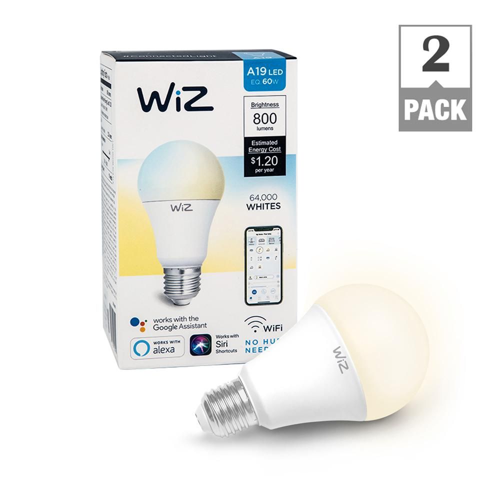 WiZ 60W Equivalent A19 Tunable White Wi-Fi Connected Smart LED Light Bulb, 2700K (2-Pack) | The Home Depot