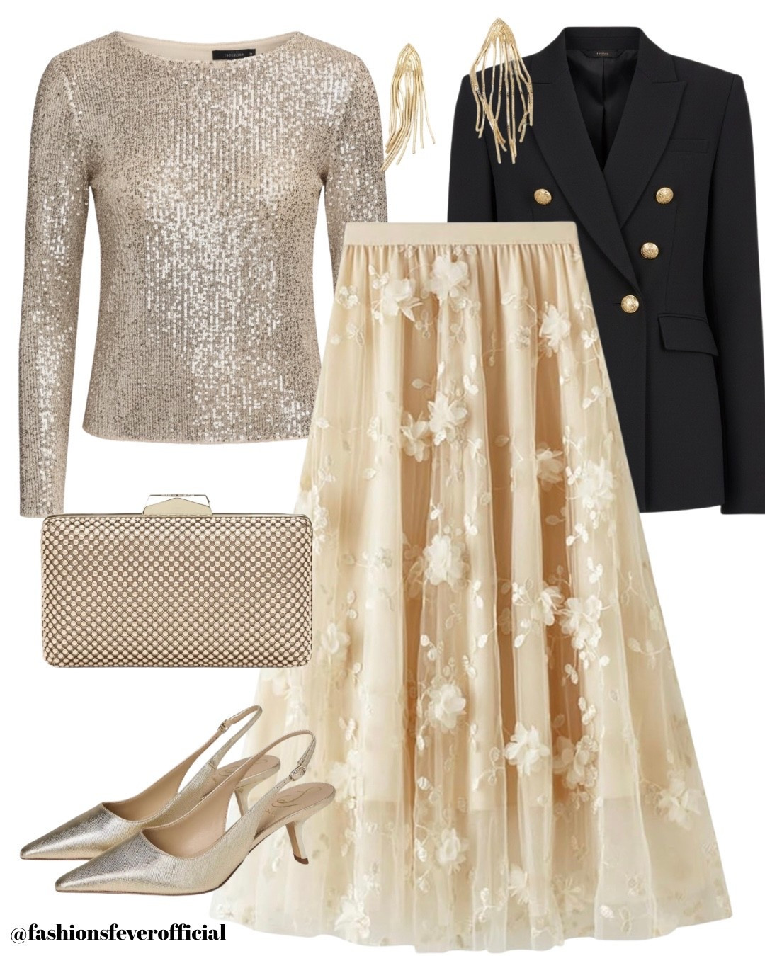 Holiday Outfit - NYE 2025! Celebrate New Year’s Eve with this gold sequin top, gold button blazer paired with a beige floral tulle skirt. To balance the look perfectly, I’ve added a clutch and gold slingback pumps. This look is apt for New Year’s parties, dinners etc that require glitz and glam party outfits. 

#LTKNye #LTKFashion #LTKStyletip

#LTKHoliday #LTKSeasonal