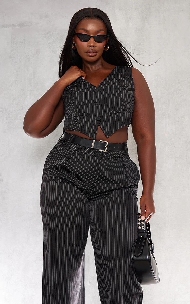 Plus Black Stripe Tailored Vest | PrettyLittleThing US