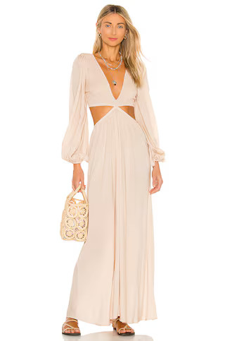 Indah Julie Solid Ruched Bodice Cutaway Maxi Dress in Doe from Revolve.com | Revolve Clothing (Global)
