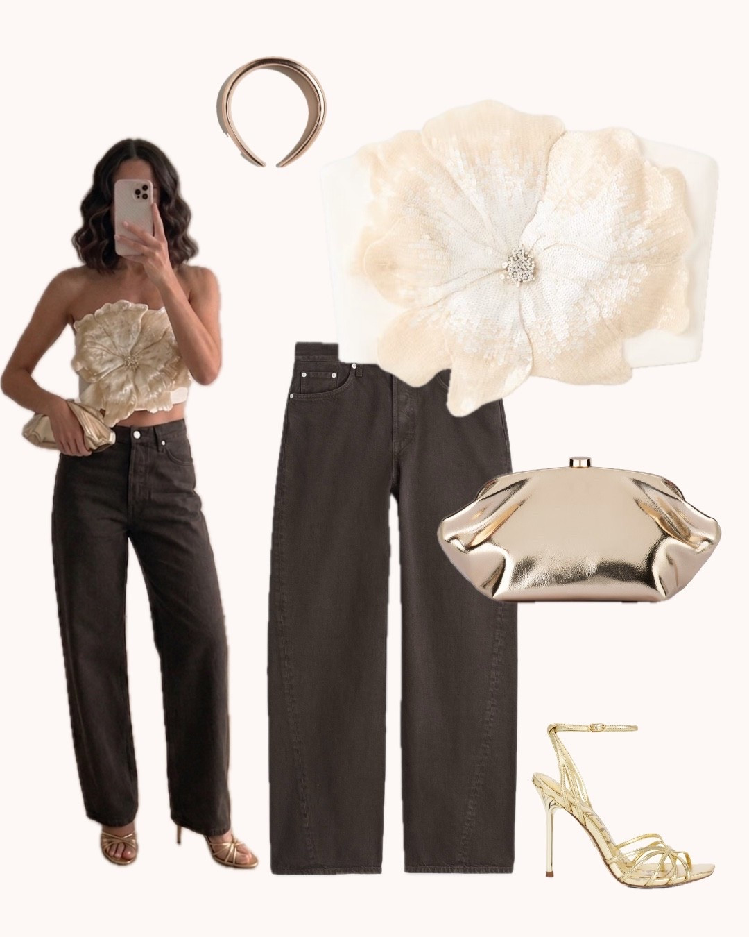 ✨ When the top is a statement, everything else just holds the space. Dark denim — the great equalizer — lets the bloom take center stage, while gold heels and a metallic clutch keep the whole look from taking itself too seriously. A headband that whispers rather than shouts. This is a day to evening dressing for someone who knows exactly what she's doing 

 #LTKeurope #LTKpartywear #LTKdatenight