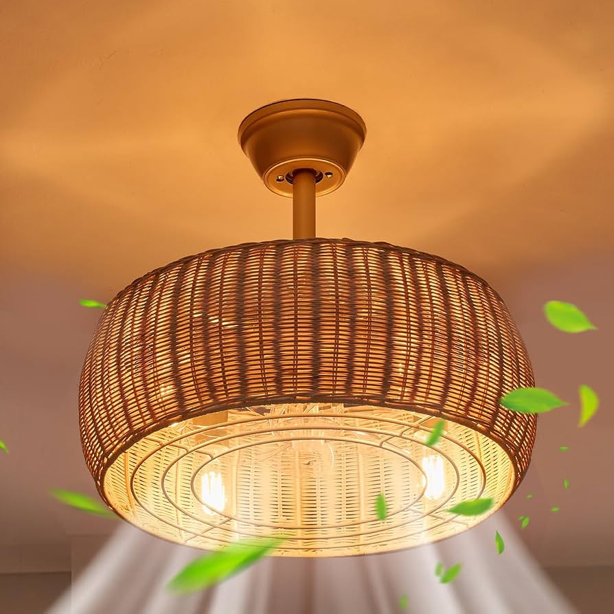 18" Bamboo Rattan Caged Ceiling Fan with Lights and Remote,4-Light Gold Boho Chandelier Ceiling F... | Amazon (US)