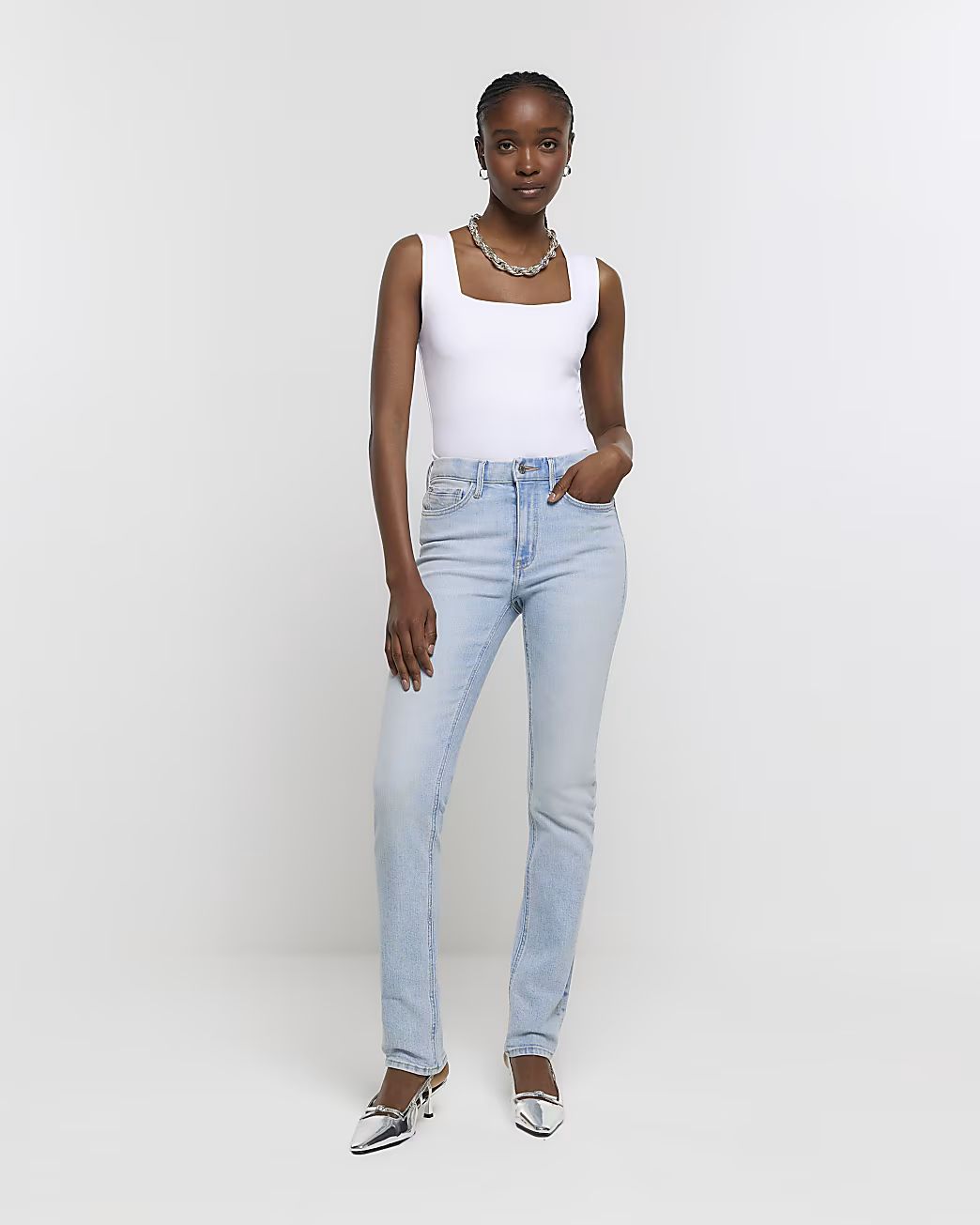 Blue high waisted slim straight jeans | River Island (UK & IE)