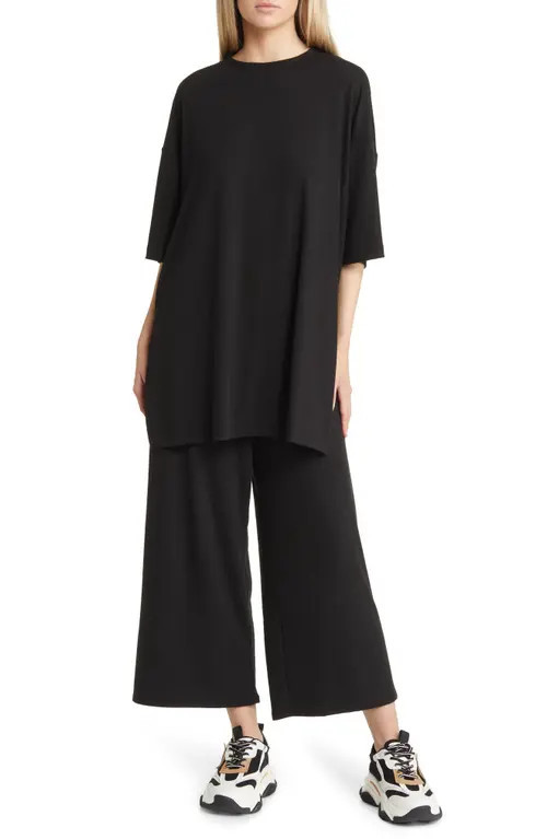 Dressed in Lala Lex Ribbed Oversize T-Shirt & High Waist Crop Pants Set in Black at Nordstrom, Size Small | Nordstrom