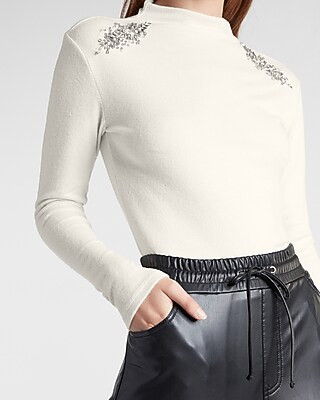 Embellished Shoulder Mock Neck Tee | Express