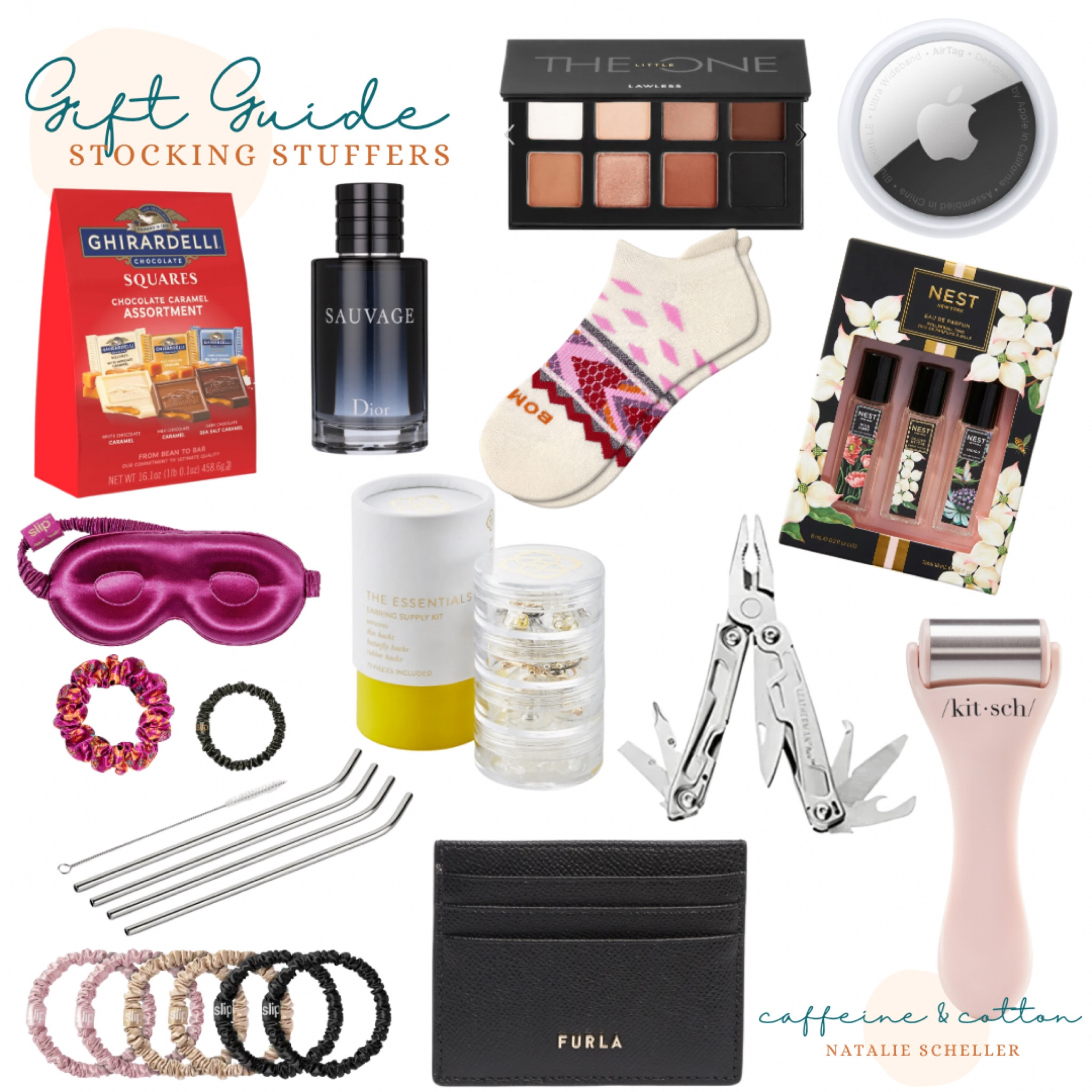 Gift Guide: Stocking Stuffers! Assorted chocolates, silk hair scrunchies, multiuse tool, ice facial roller, apple AirTag, Bombas socks, cologne, perfume, card case. #target #walmart #amazon #nordstrom #ulta #kendrascott #giftguide #stockingstuffers

#LTKHoliday #LTKfamily #LTKGiftGuide