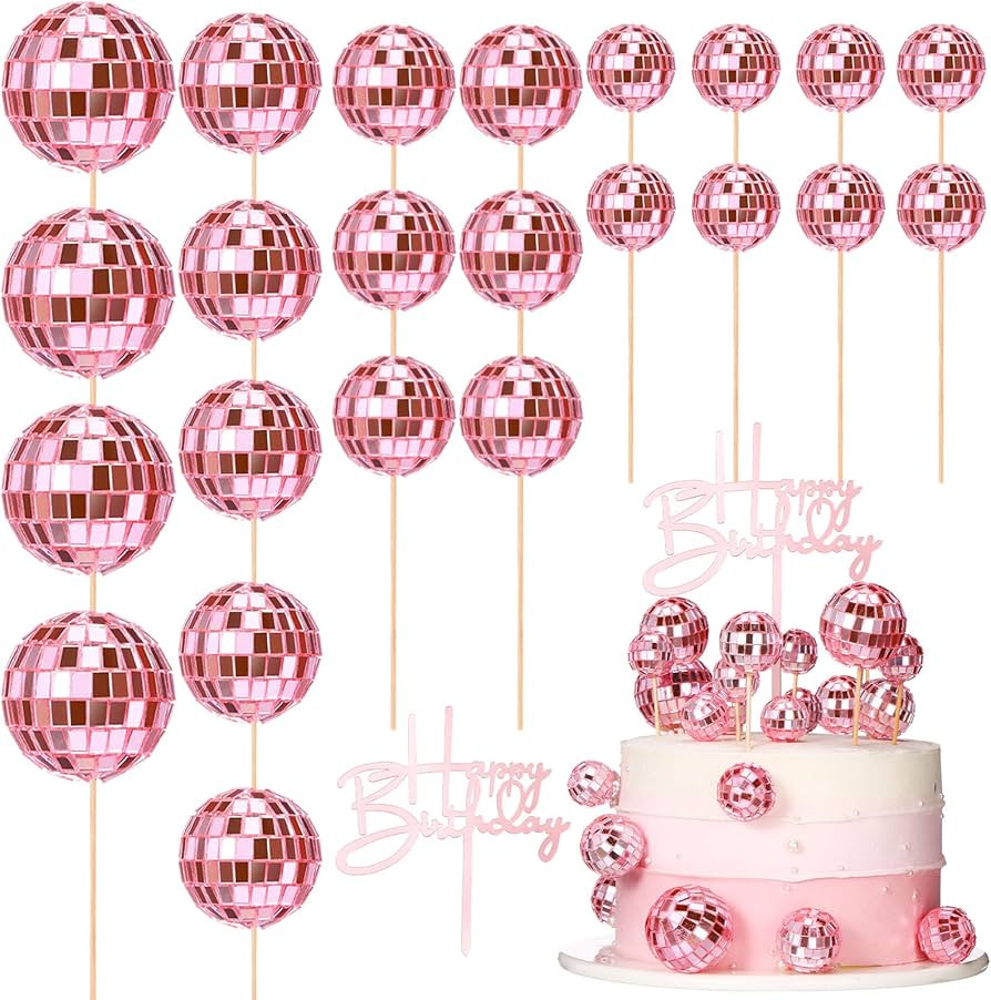 24 Pcs Disco Ball Cupcake Toppers Happy Birthday Cake Topper 1970s Retro Cake Decorations Shiny P... | Amazon (US)