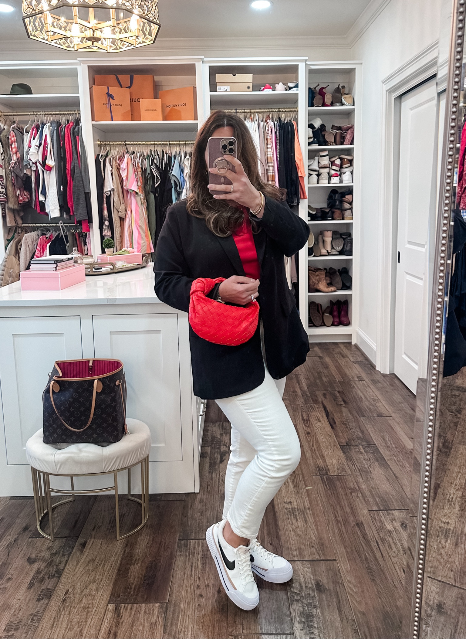 Loving this game day outfit with my white jeans and a pop of color with my red bag. Spring Outfit | Black Blazer | White Jeans | Nike Legacy Court Sneakers | Red Bottega Bag | Julie Vos Jewelry 

#LTKstyletip #LTKitbag #LTKSeasonal