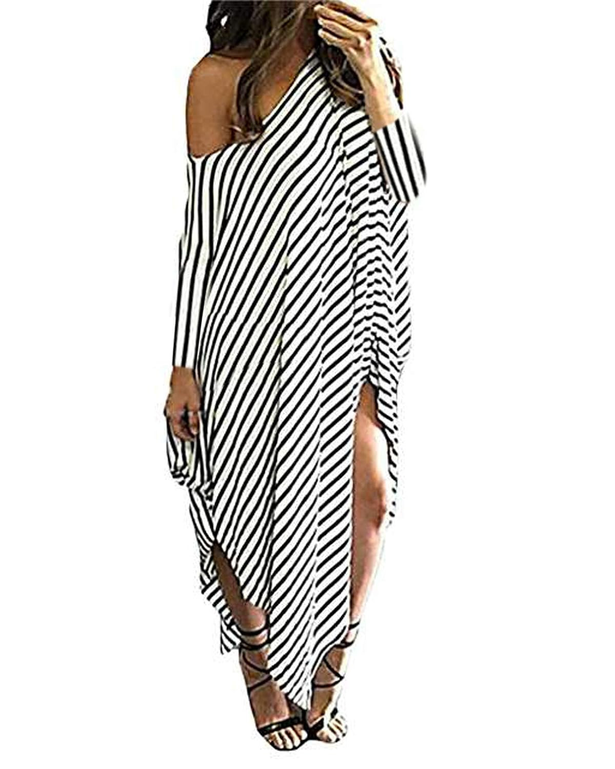Kidsform Women Maxi Dress Striped Long Dresses Casual Loose Kaftan Oversized Round Neck Sundress | Amazon (US)