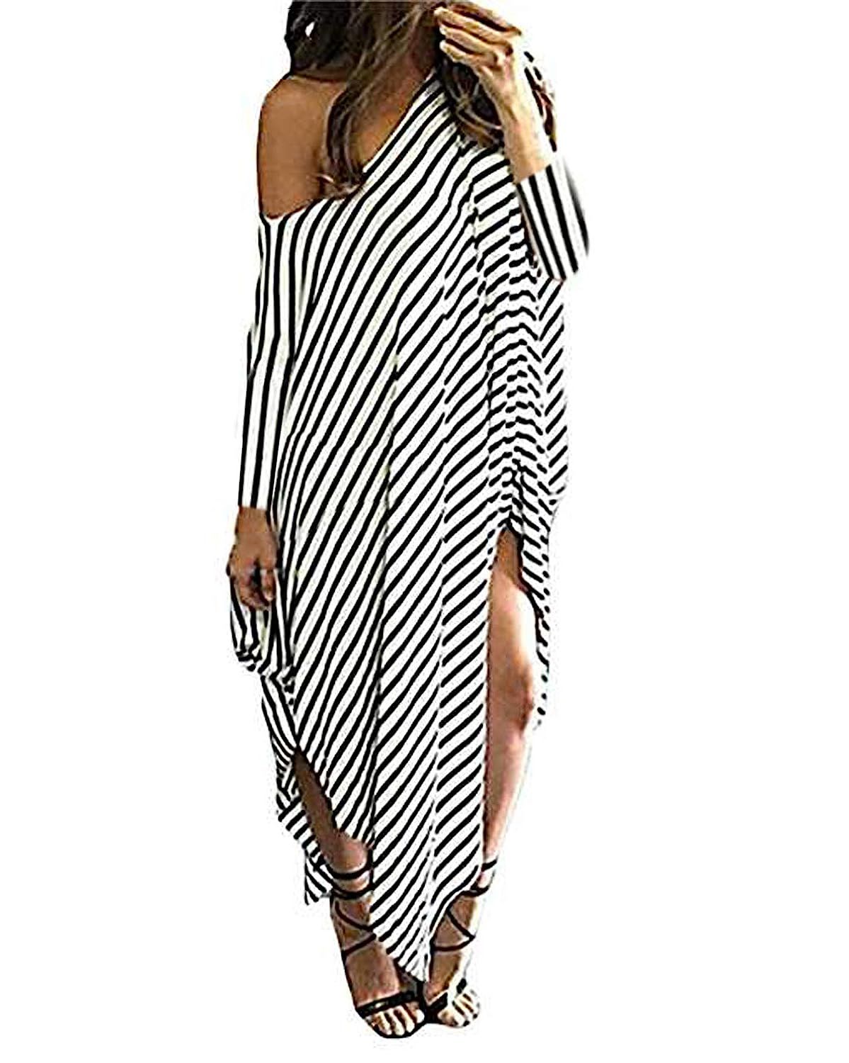 Kidsform Women Maxi Dress Striped Long Dresses Casual Loose Kaftan Oversized Round Neck Sundress | Amazon (US)
