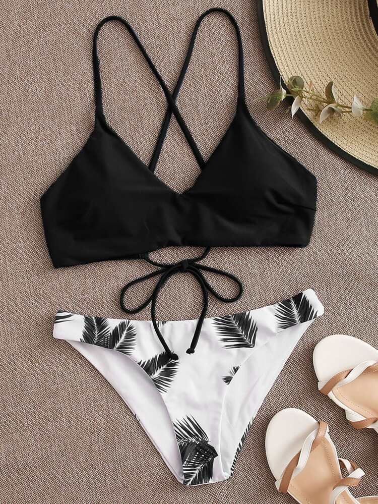Palm Print Tie Back Bikini Swimsuit | SHEIN