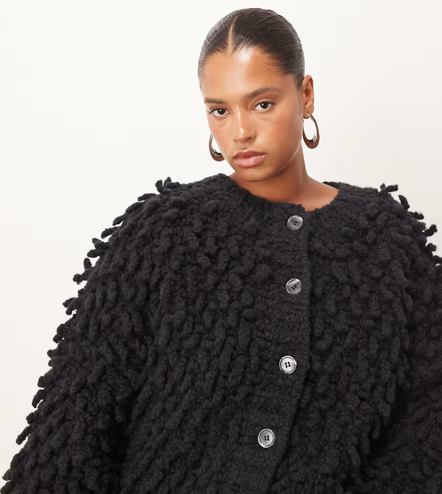 ARRANGE Curve wool hand knit ultimate loop fringe cardigan in black - BLACK | ASOS (Global)
